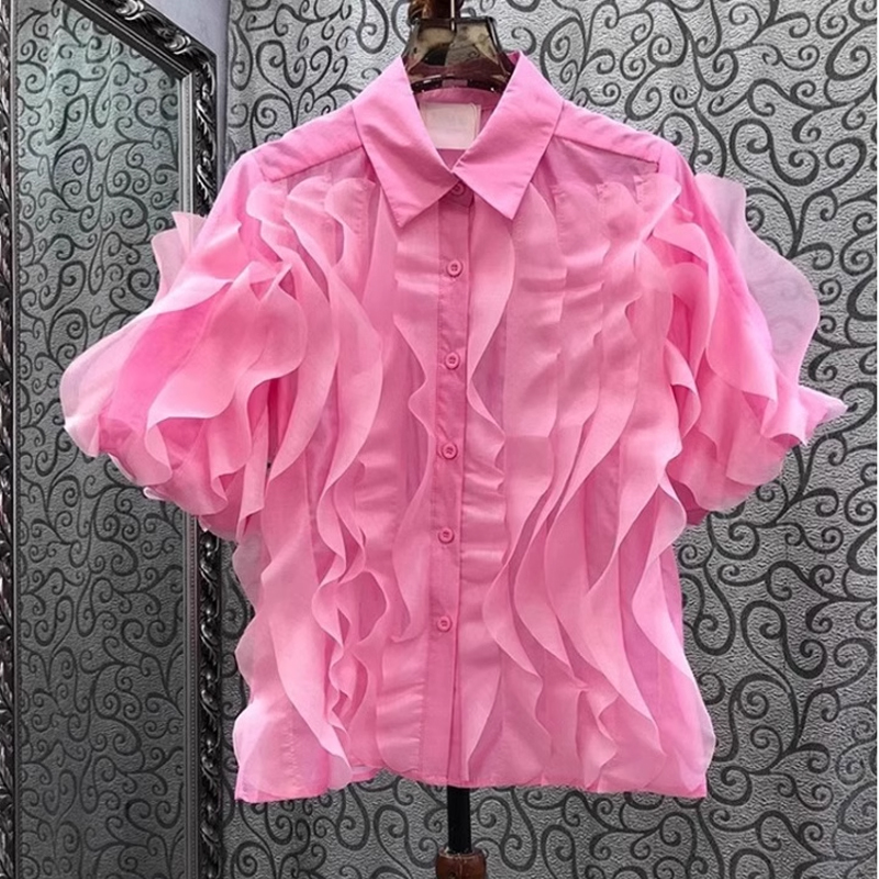 French style light luxury high-end mesh shirt for women's summer with loose ruffle edges and bubble sleeves, designed as a niche and super fairy style top