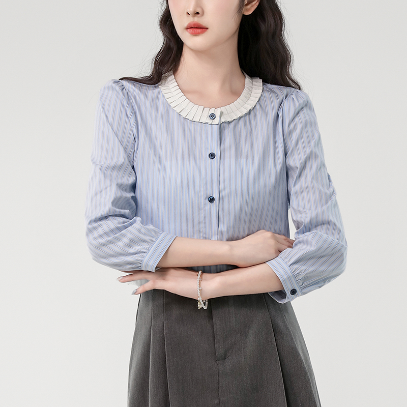 French seven quarter sleeve striped shirt for women in spring 2025, new design sense, color blocked lace round neck top