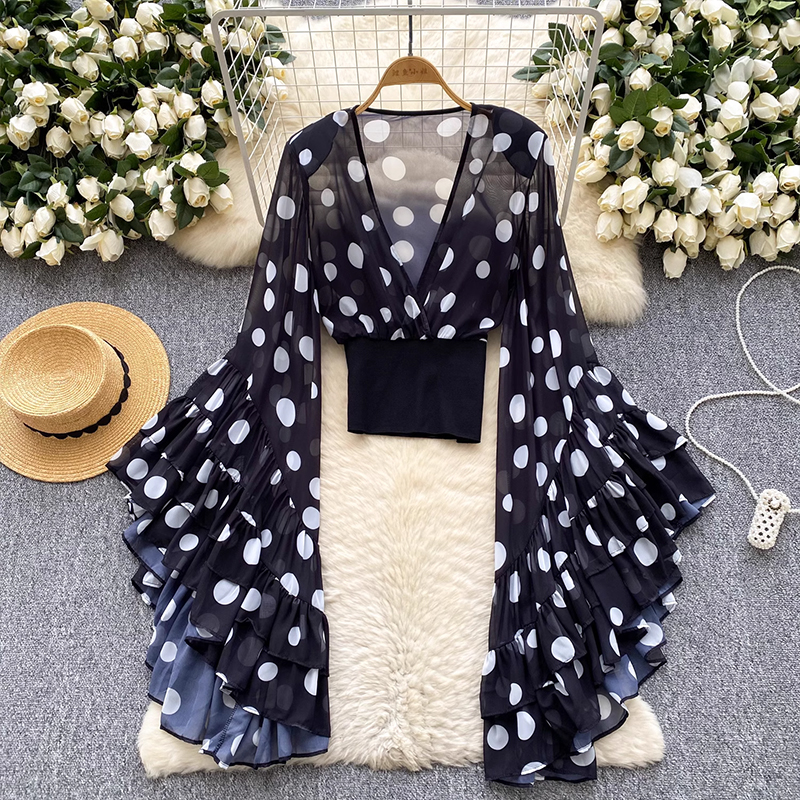 Internet celebrity's same Instagram niche design cross V-neck waist cinched flared sleeve polka dot top for women's perspective chiffon top