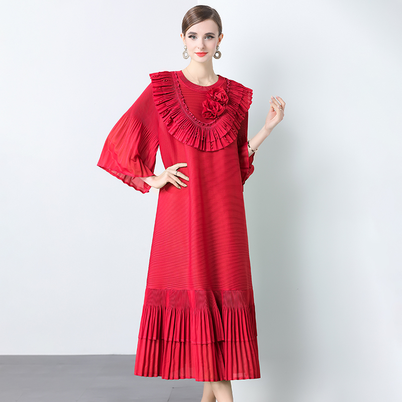 Sanzhai 2025 new lotus leaf edge three-dimensional flower nail bead loose oversized pleated heavy industry European and American cross-border dress