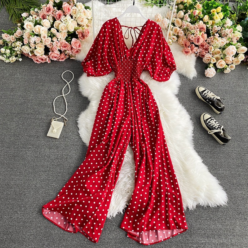 Sexy V-neck bat sleeves, cinched waist for slimming, polka dot printed jumpsuit, fashionable temperament, wide leg pants, jumpsuit for women