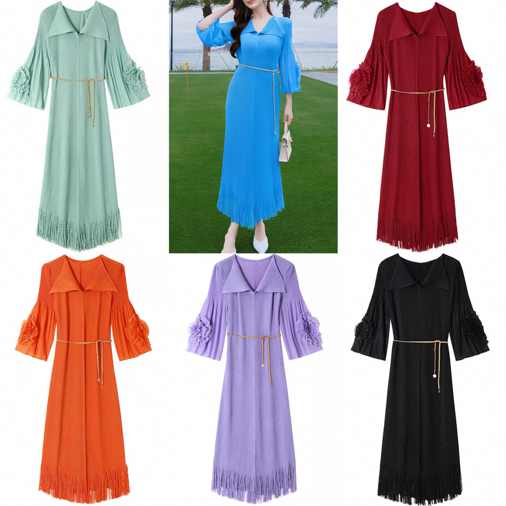 Miyake 2025 new pleated fish scale pleated dress with floral sleeves, tassel oversized women's clothing, elegant foreign trade, cross-border