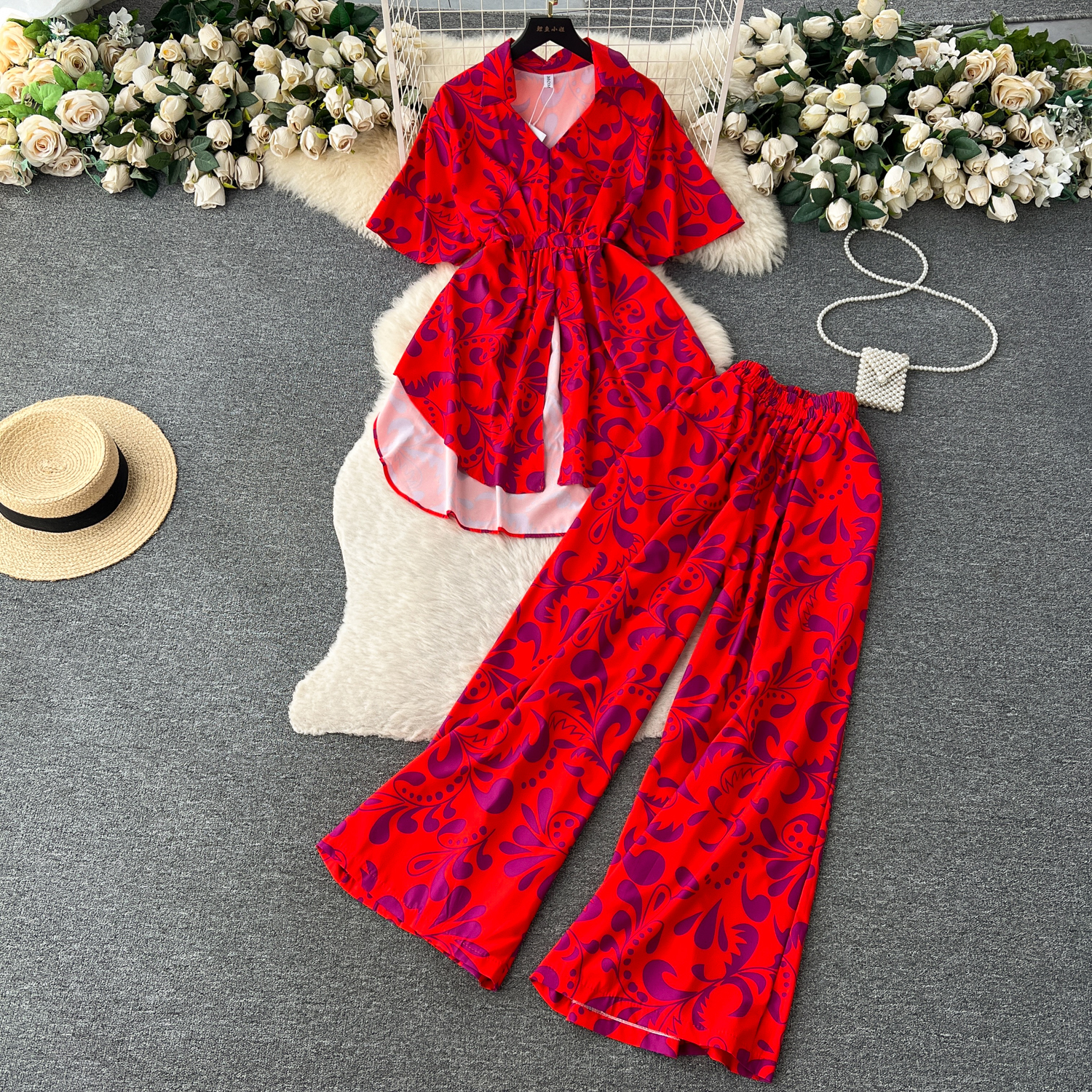 European and American women's high-end fashion floral suit women's summer collar short sleeved shirt+high waisted hanging long pants