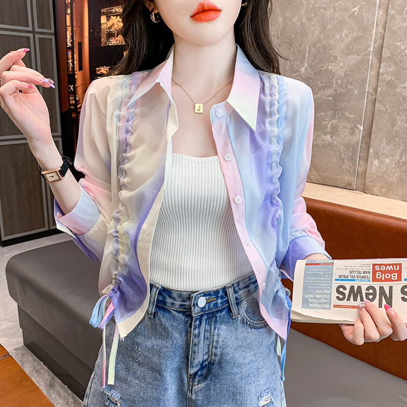 New tie dye gradient chiffon shirt women's summer thin breathable jacket with drawstring short jacket top