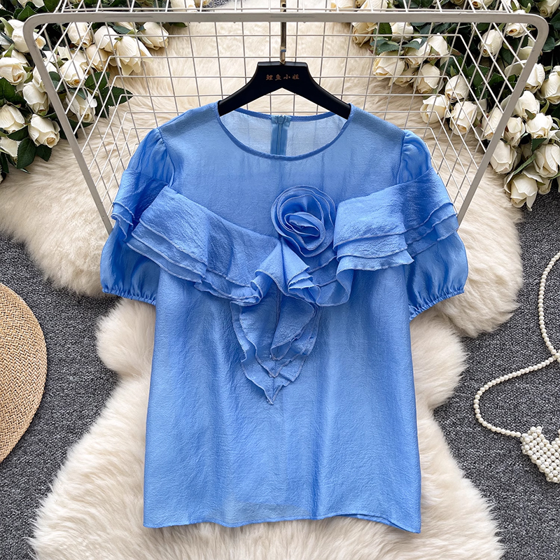 European fashion shirt, women's summer outfit, high-end and thin, three-dimensional flower bubble sleeve top, women's stylish versatile shirt
