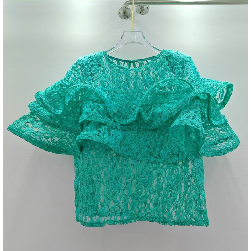 European high-end 2025 summer new style ruffled long sleeved round neck lace top with black fungus edge splicing for women