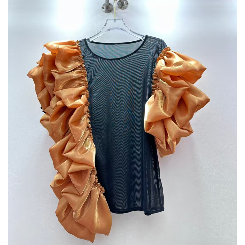 New style versatile ruffle edge retro long sleeved solid color careful machine shirt chiffon shirt
