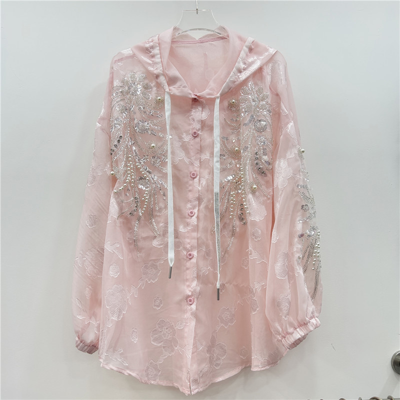 European heavy industry nail bead sequin jacquard design shirt for women in spring and summer, loose and versatile, fashionable, hip covering long sleeved top, trendy
