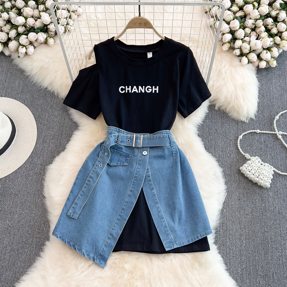 Harajuku Port style ins round neck off shoulder mid length T-shirt, stacked short sleeved two-piece set, high waisted denim skirt, summer