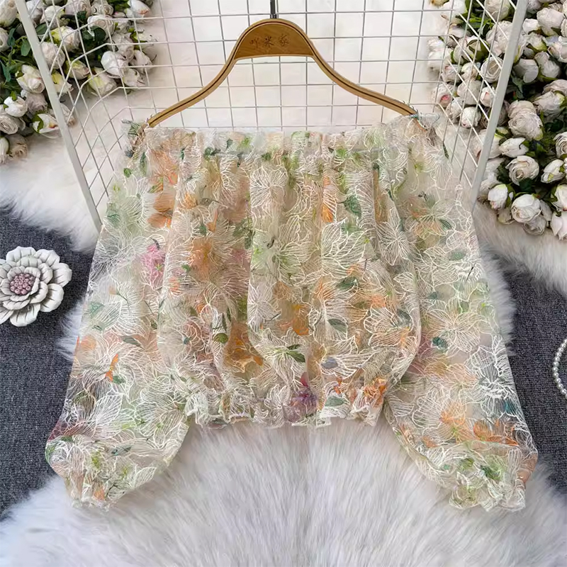 Fairy style mesh embroidery design, light luxury and pure desire, one shoulder long sleeved shirt, women's summer sweet anti-aging top