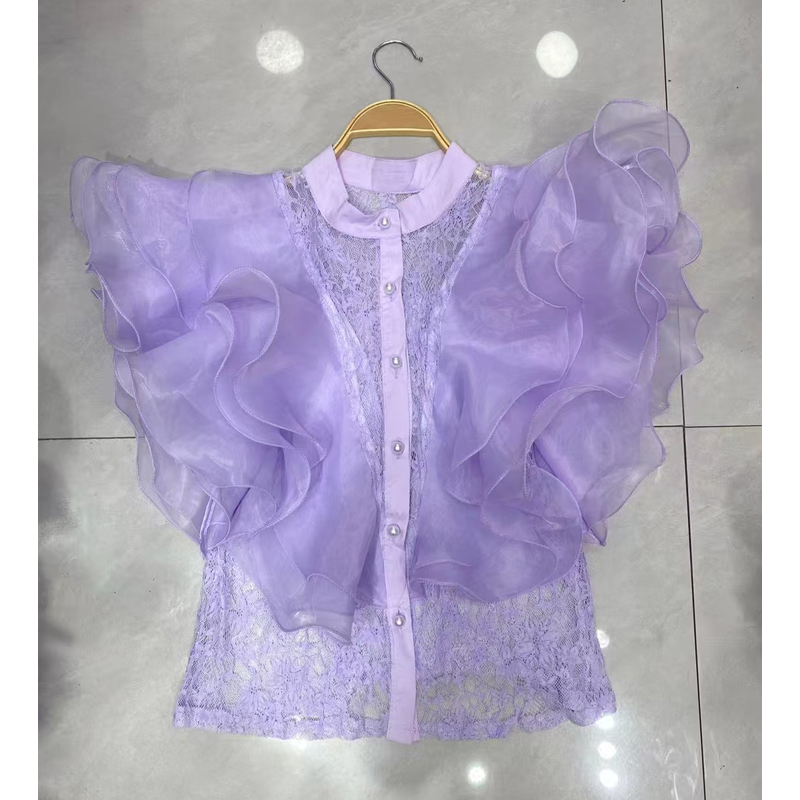 French style niche light luxury three-dimensional ruffle edge splicing round neck pearl single breasted versatile see through lace cardigan top