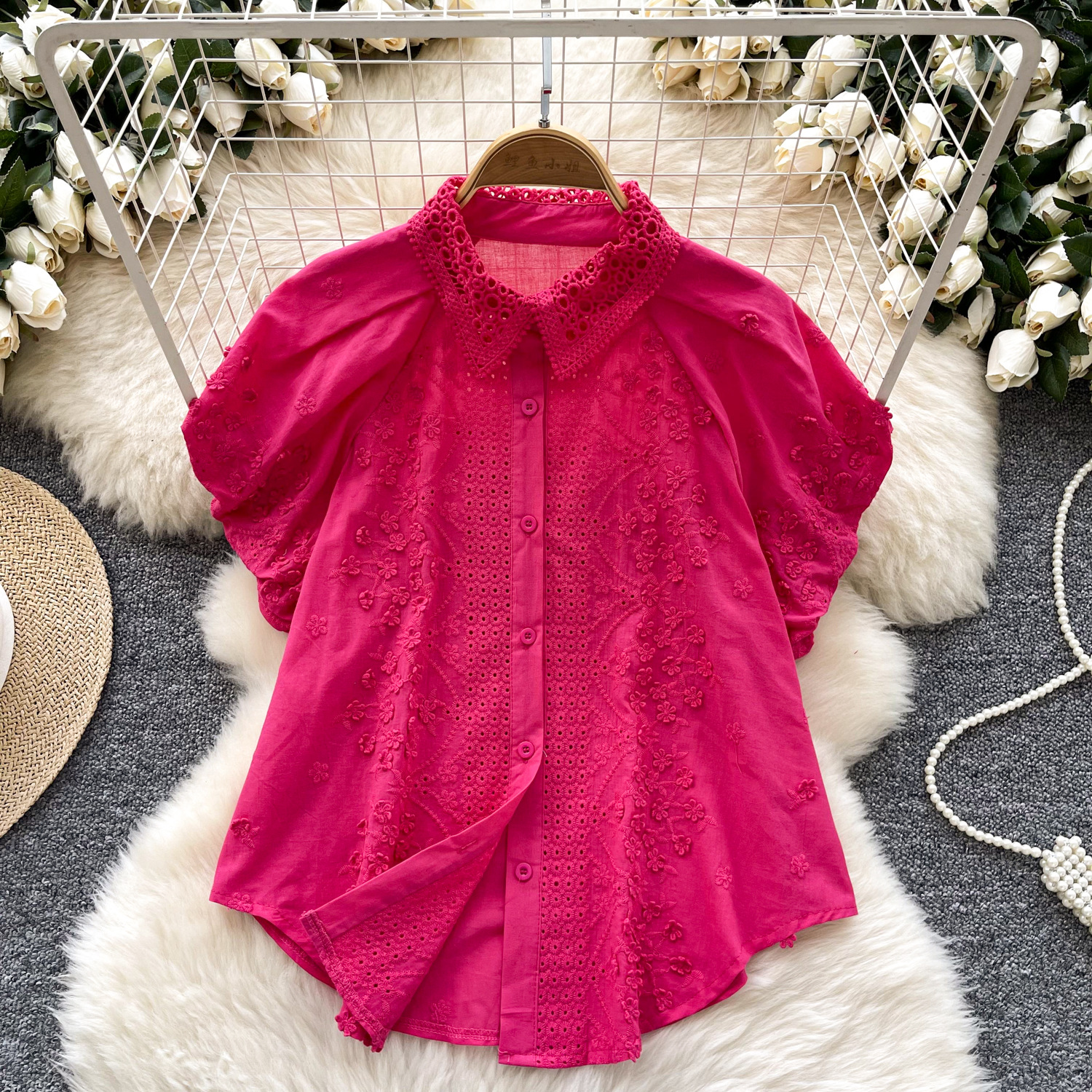 French high-end heavy industry hollow embroidery lantern sleeve shirt for women, loose and versatile, stylish and irregular slimming top