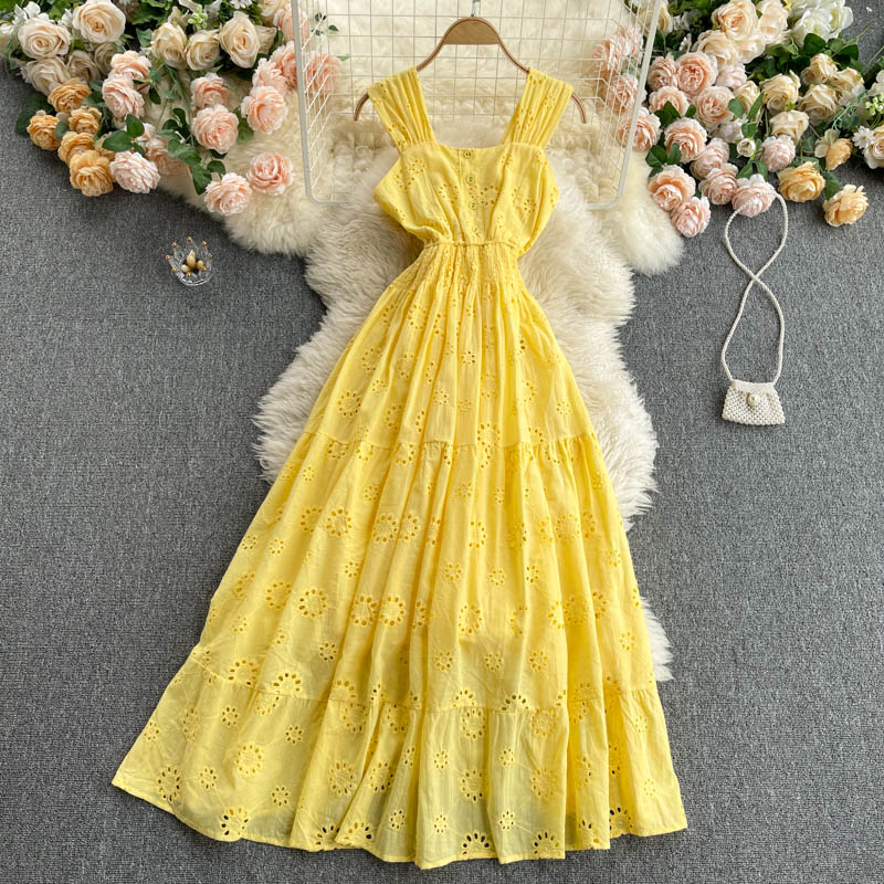 Bohemian vacation long dress with goddess like temperament, square neckline, cinched waist, slimming design, hollowed out ruffle edge dress