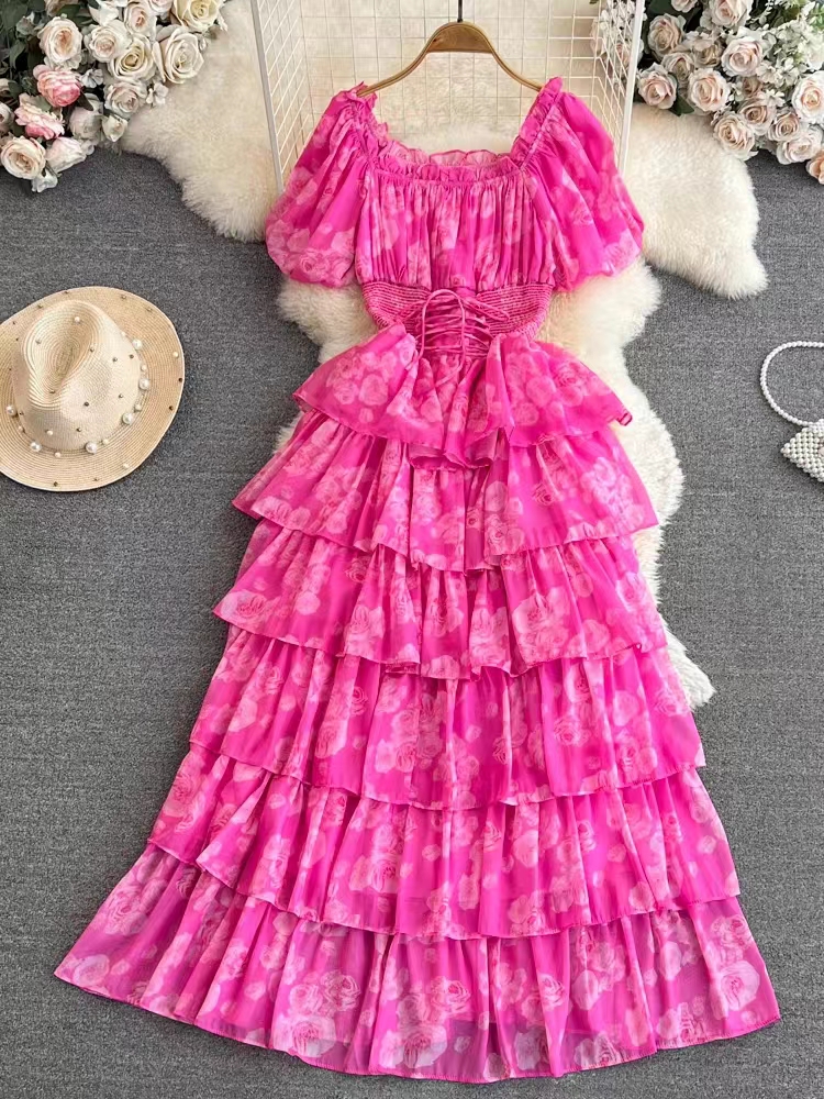 French gentle style short sleeved square neck waist cinching slimming A-line ruffled cake print dress elegant long skirt