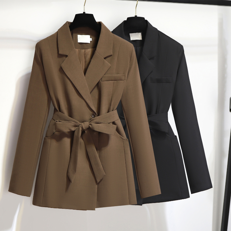 Lace up design, temperament, slim fit, casual mid to long length small suit jacket, women's top
