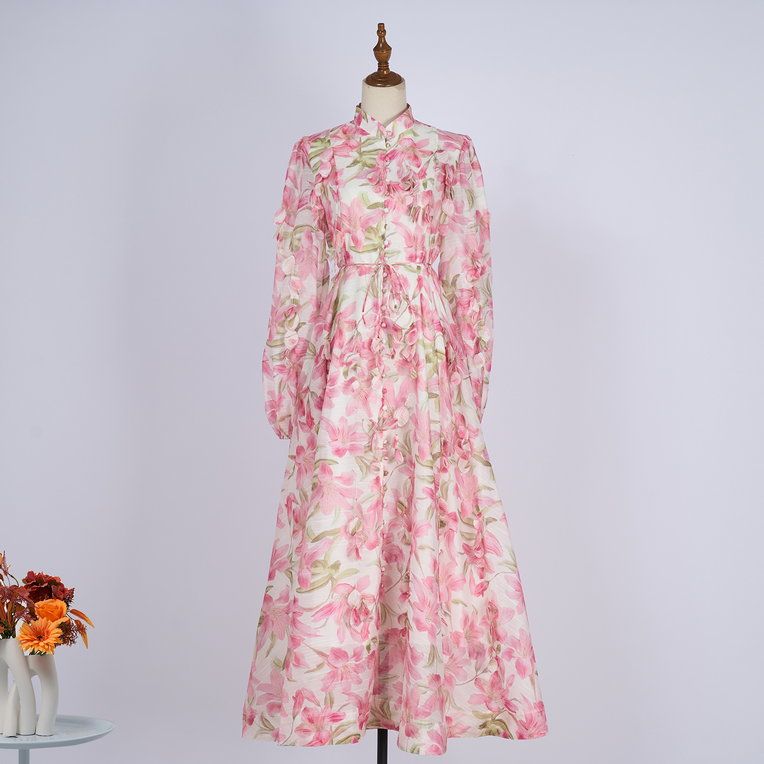 Real shot spot 2025 fixed flower lace up super slim fit large swing silk and linen long dress