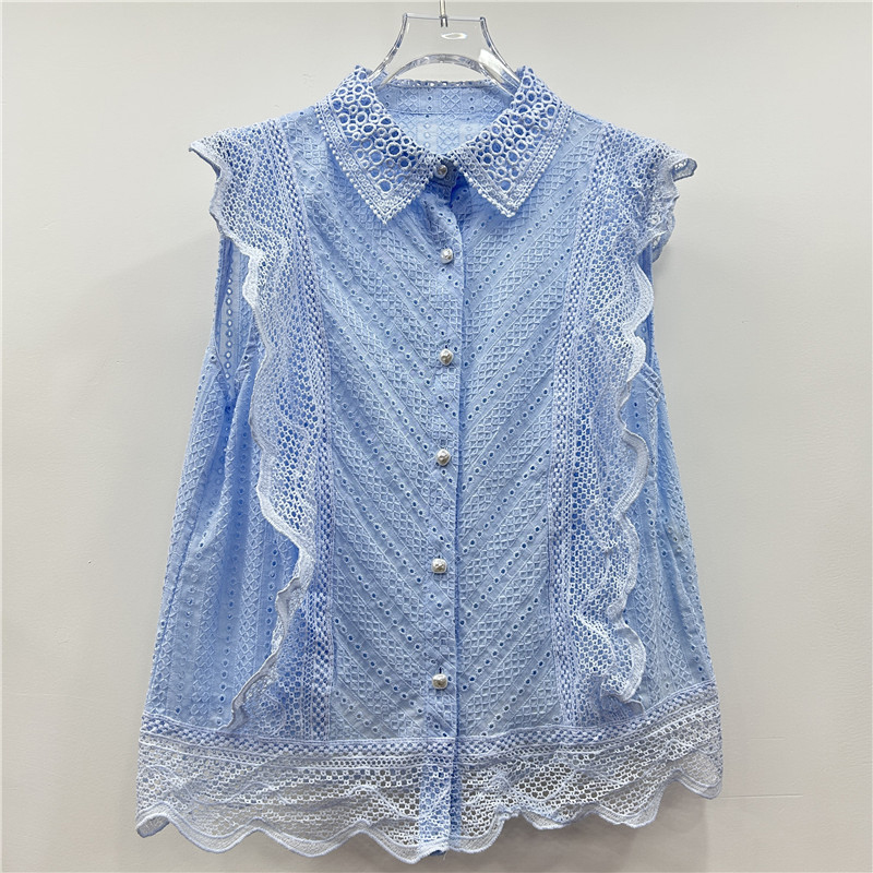 French retro lace and lace blouse for women in the summer of 2025, with a niche design and a thin, fresh, solid color top