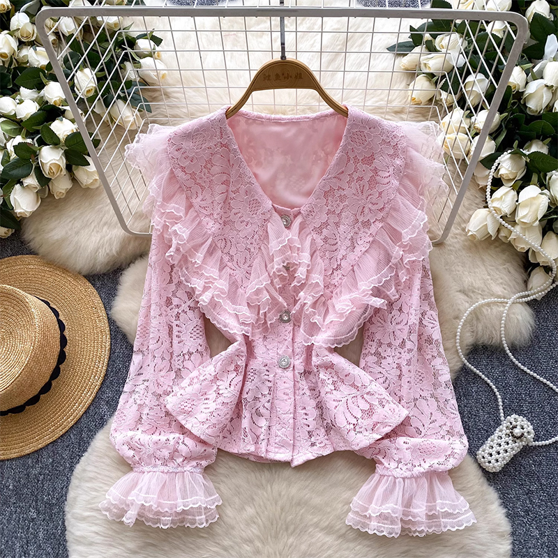French socialite lace patchwork doll collar trumpet sleeve lace top women's versatile single breasted slimming long sleeved shirt