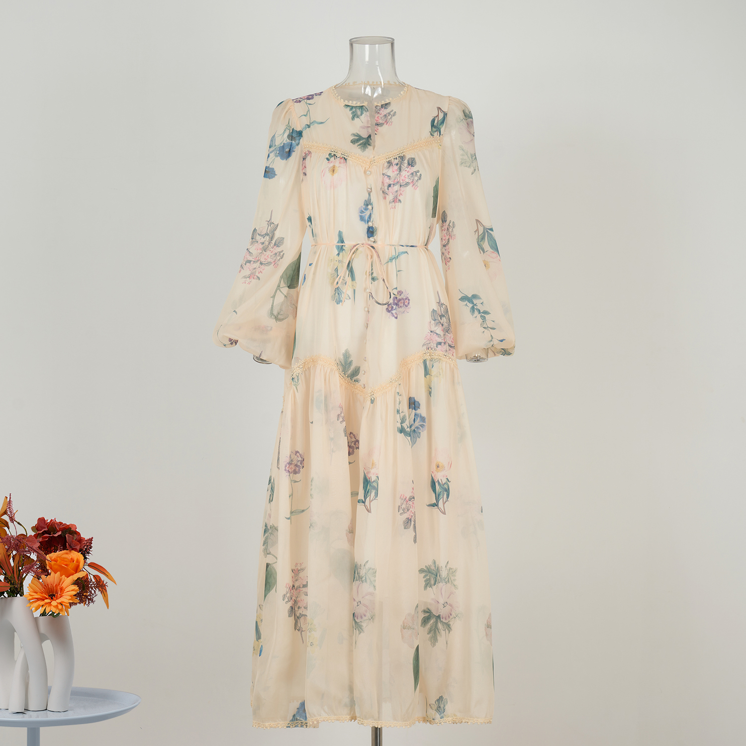 Real shot French elongated style lace long sleeved lace up dress with beautiful floral A-list French dress in stock
