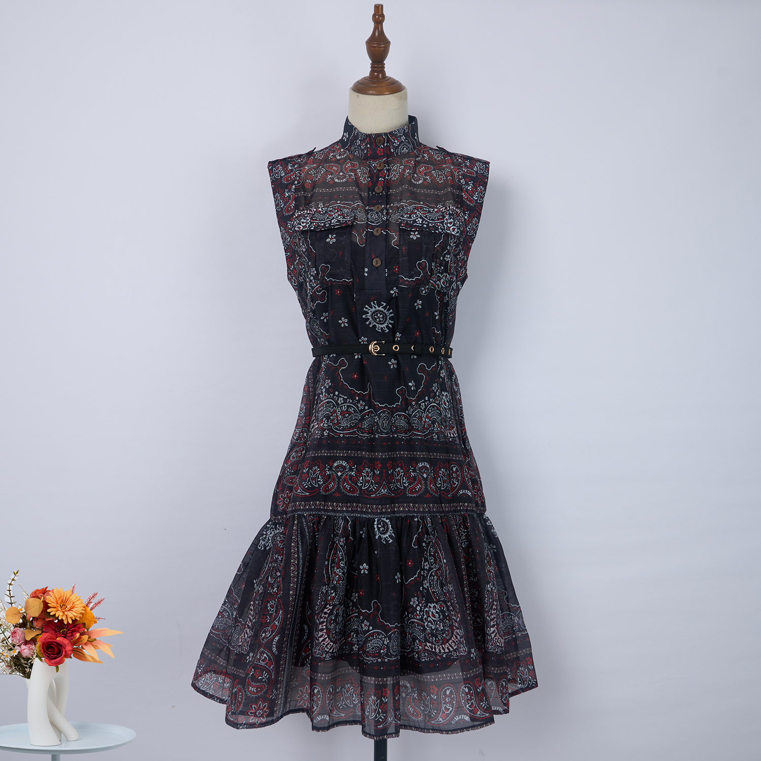 Real shot spot Australian brand stand up collar single breasted sleeveless positioning printed dress short skirt with belt+suspender