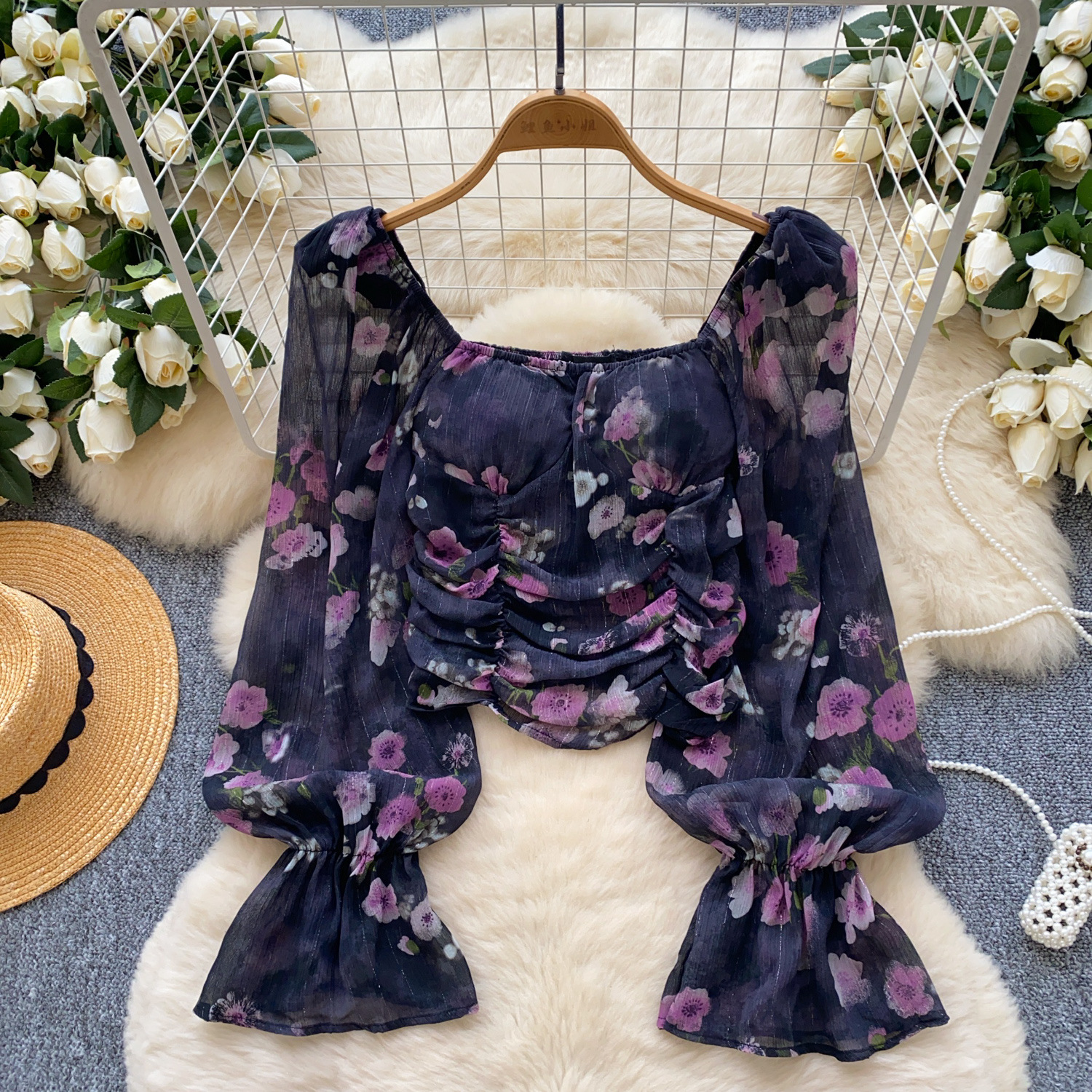 French gentle style temperament square collar trumpet sleeves floral chiffon shirt women's design sense pleated waist versatile short top