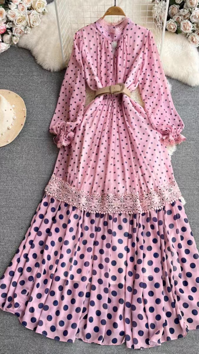 Spring and Autumn light mature style retro temperament long sleeved stand up collar cinched waist slimming A-line polka dot dress elegant large swing long skirt
