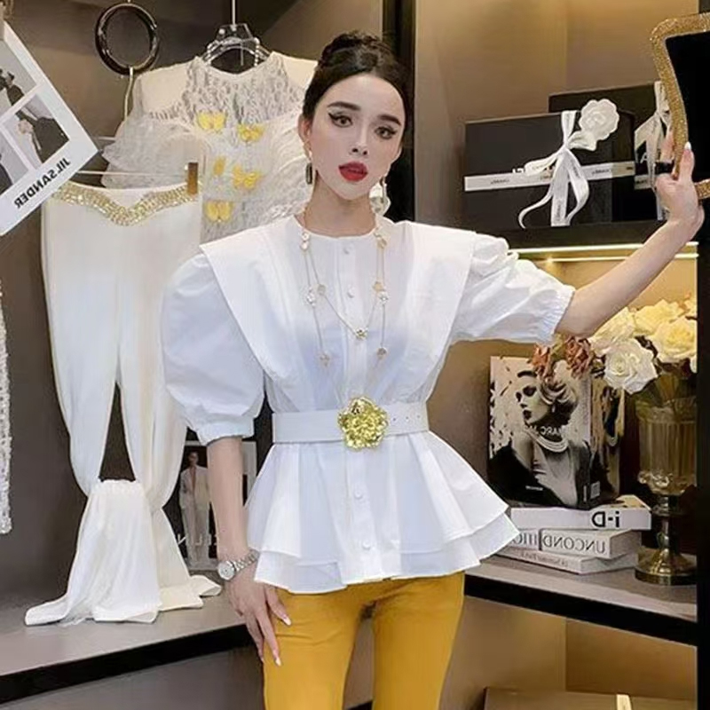 European goods 2025 summer new style French elegant slim fit and slimming round neck cinched waist shirt women's top
