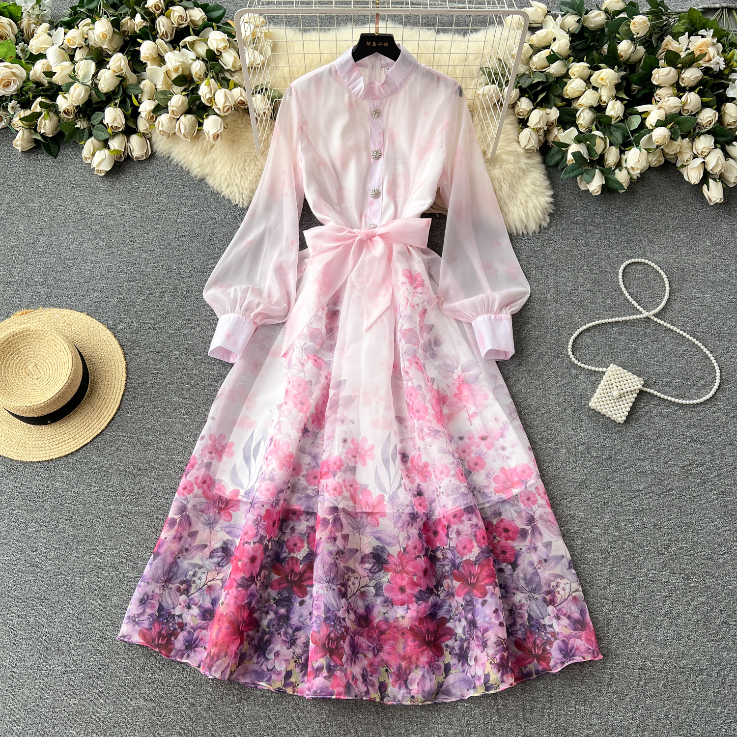 French retro stand up collar long sleeved floral chiffon dress for women in spring and autumn, new style with tie up waist and large swing long skirt