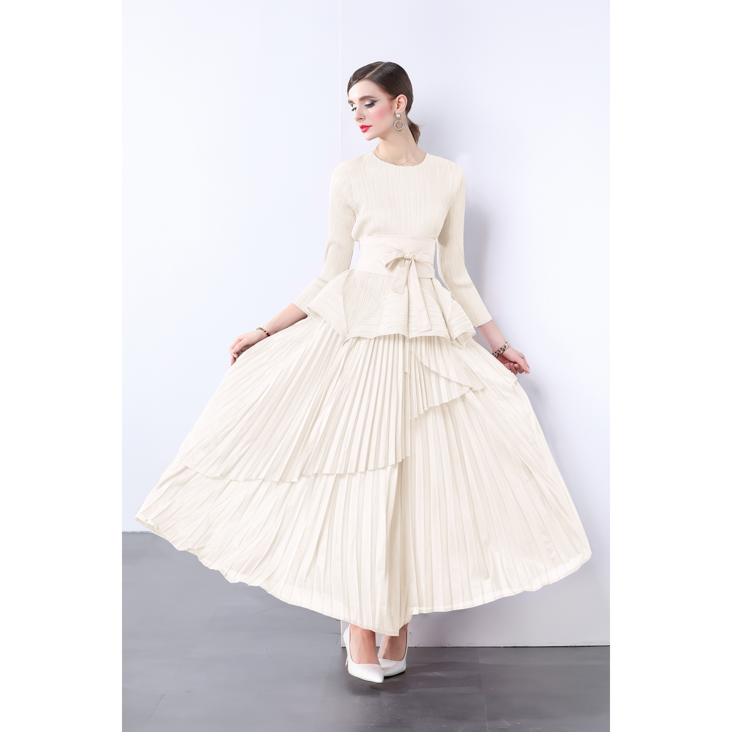 Miyake irregular lantern skirt top, long lace up pleated skirt, foreign trade European and American style pleated set with lining fabric