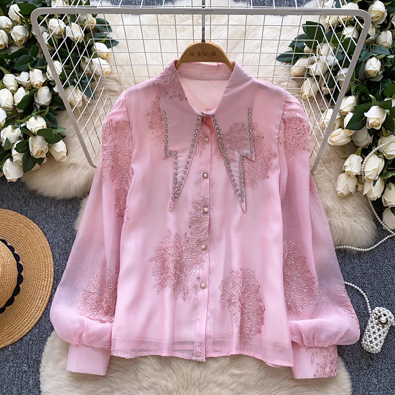 French luxury heavy industry diamond studded pointed collar lantern sleeve shirt for women's fashion sequin embroidery single breasted cardigan for women's top