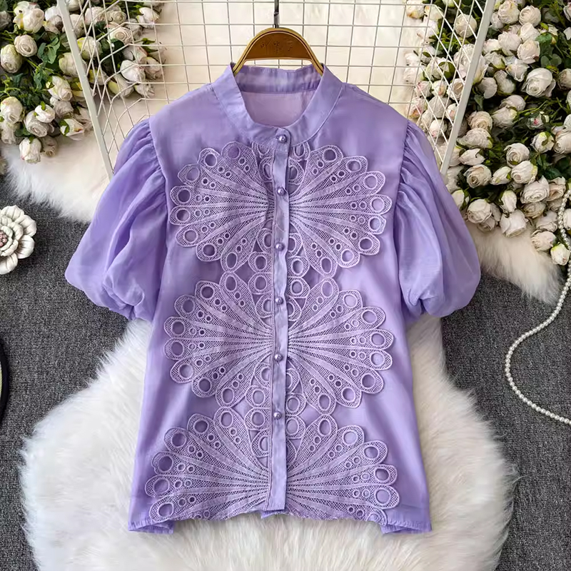 French style soft and gentle Korean style 2025 summer new item bubble sleeves embroidered hollow lace slimming shirt for women