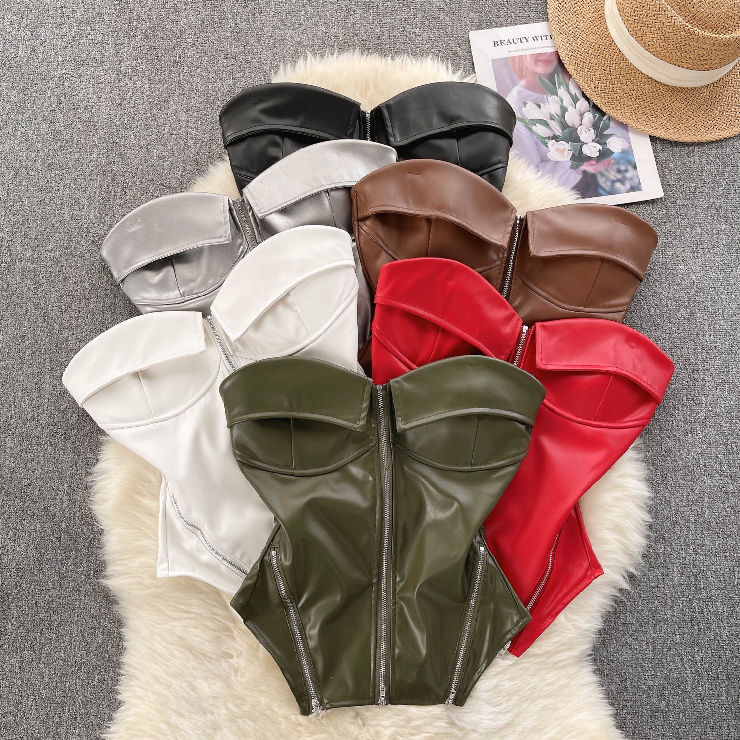 Retro motorcycle style pure desire spicy girl strapless vest women's autumn zipper short design sense niche exquisite top trend