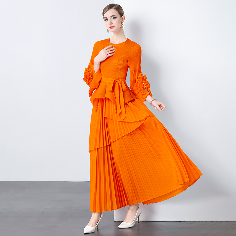 Miyake Cross border European and American Women Hand Embroidered Nail Beads Irregular Wrinkle Design Feel Loose Top Loose pleated Skirt