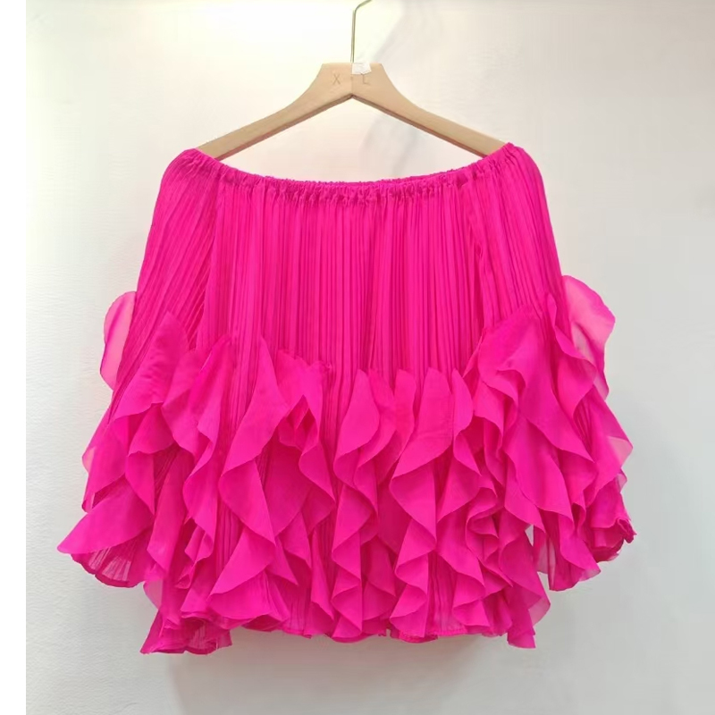 European style one collar pleated ruffle edge pullover shirt for summer 2025, short wave edge short sleeved shirt trend