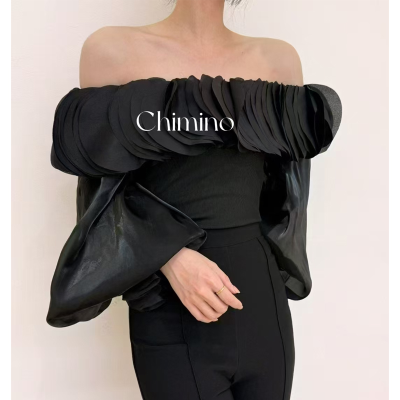 French style one shoulder high-end temperament short shirt for women, autumn ruffle edge waist slimming and slimming lantern sleeve top