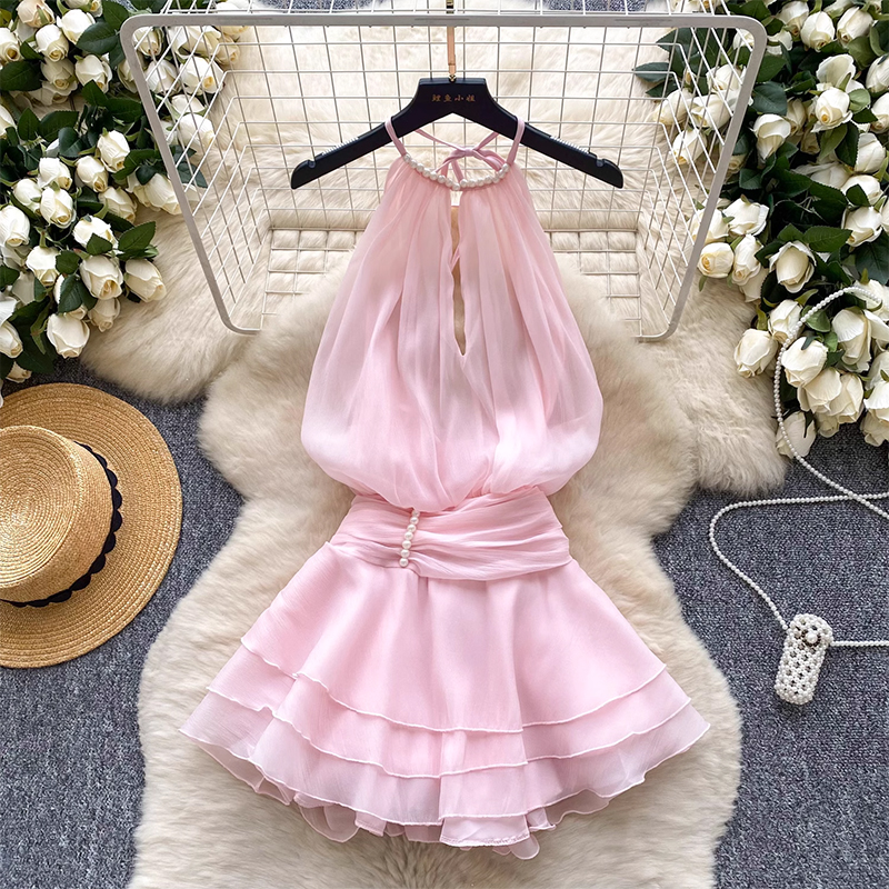 Pure desire to hang neck, nail bead suspender dress, goddess style temperament, waist cinching, ruffle edge chiffon short skirt, fairy style vacation skirt