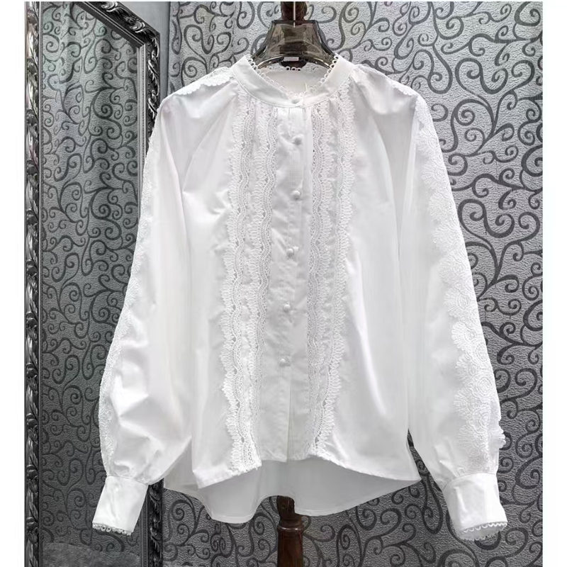 European Spring New Style High end Light Luxury Design Lace Wood Ear Splicing Single breasted Temperament Shirt