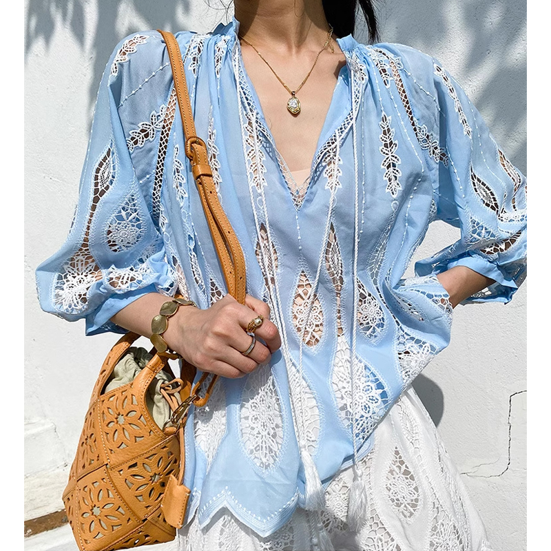 2025 Summer Women's Vacation Style French Embroidered Top Seaside Vacation Small Shirt Shenzhen Shirt Women