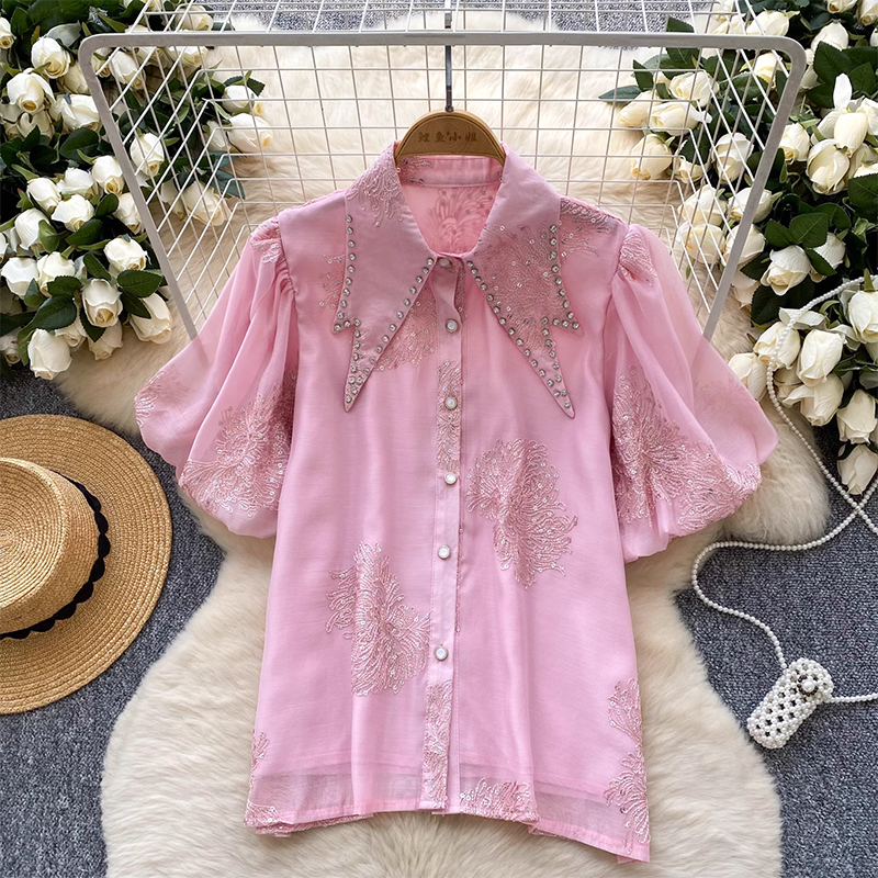French luxury socialite heavy industry nail diamond doll collar bubble sleeve shirt women's western-style embroidery sequin single breasted top