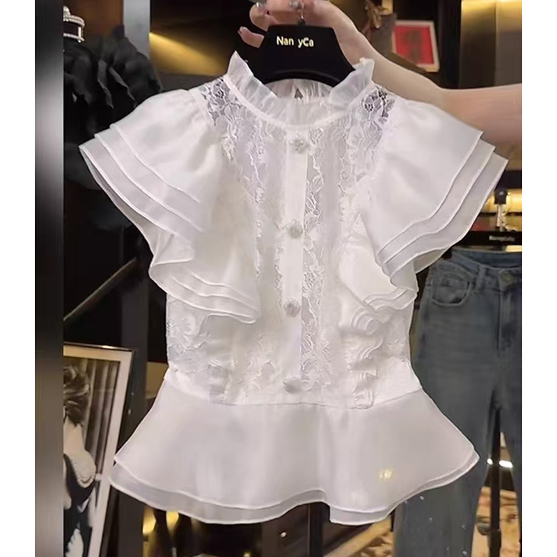 French high-end temperament lace patchwork flying sleeve shirt for women's summer new slim fit versatile design top