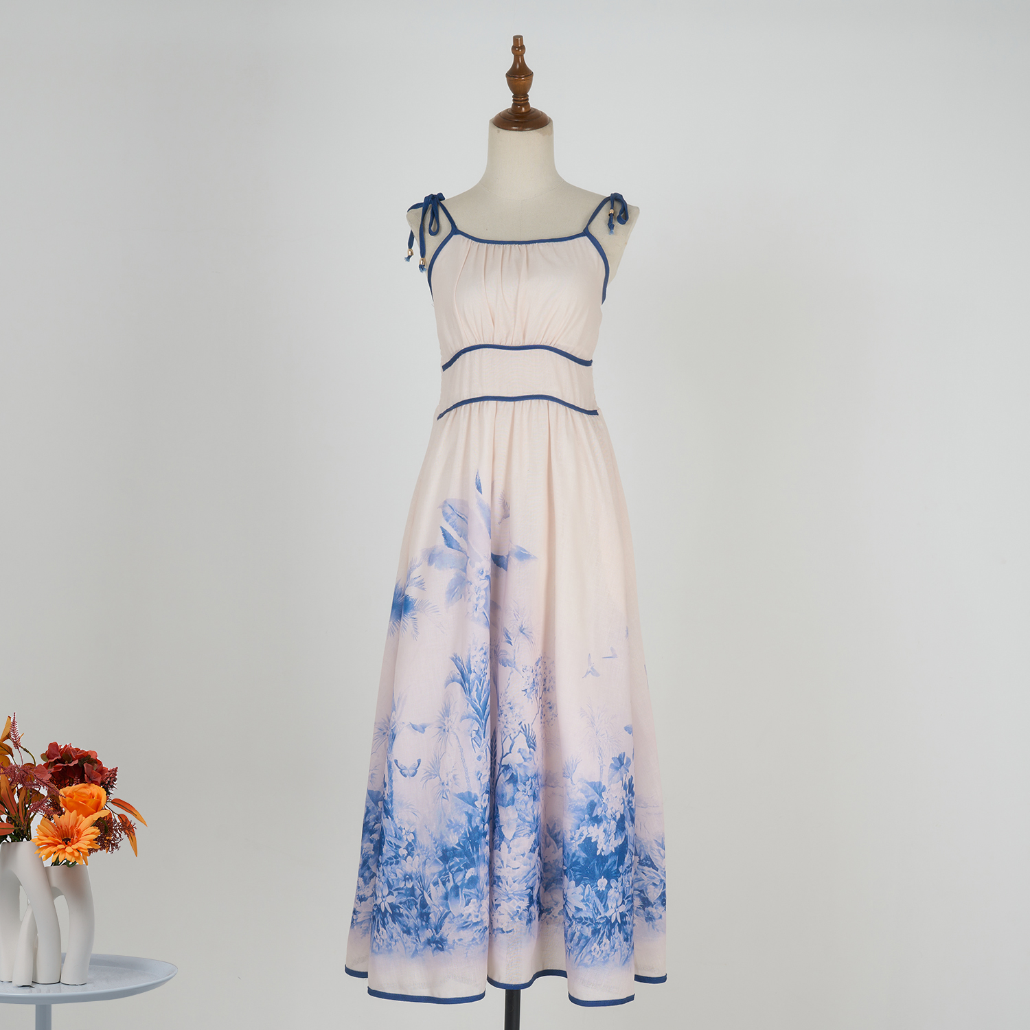 Real shooting spot 2025 vacation new linen palm tree pattern picnic style camisole dress