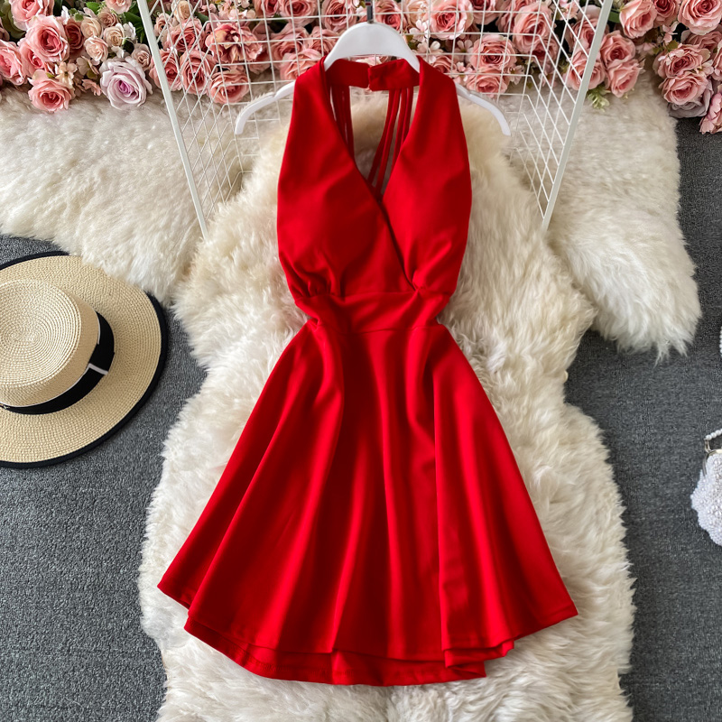Summer gentle style V-neck halter top dress temperament white super fairy beach vacation skirt date A-line skirt short skirt