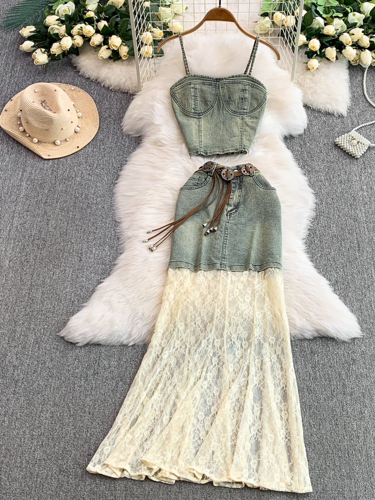 American retro short denim camisole vest+strap high waist slimming lace patchwork half body long skirt two-piece set