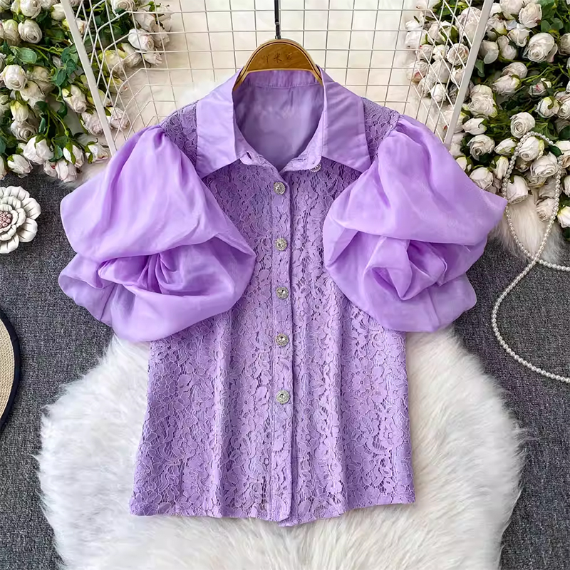 French lace patchwork lapel bubble sleeve shirt for women's summer 2025 new single breasted slim fit top