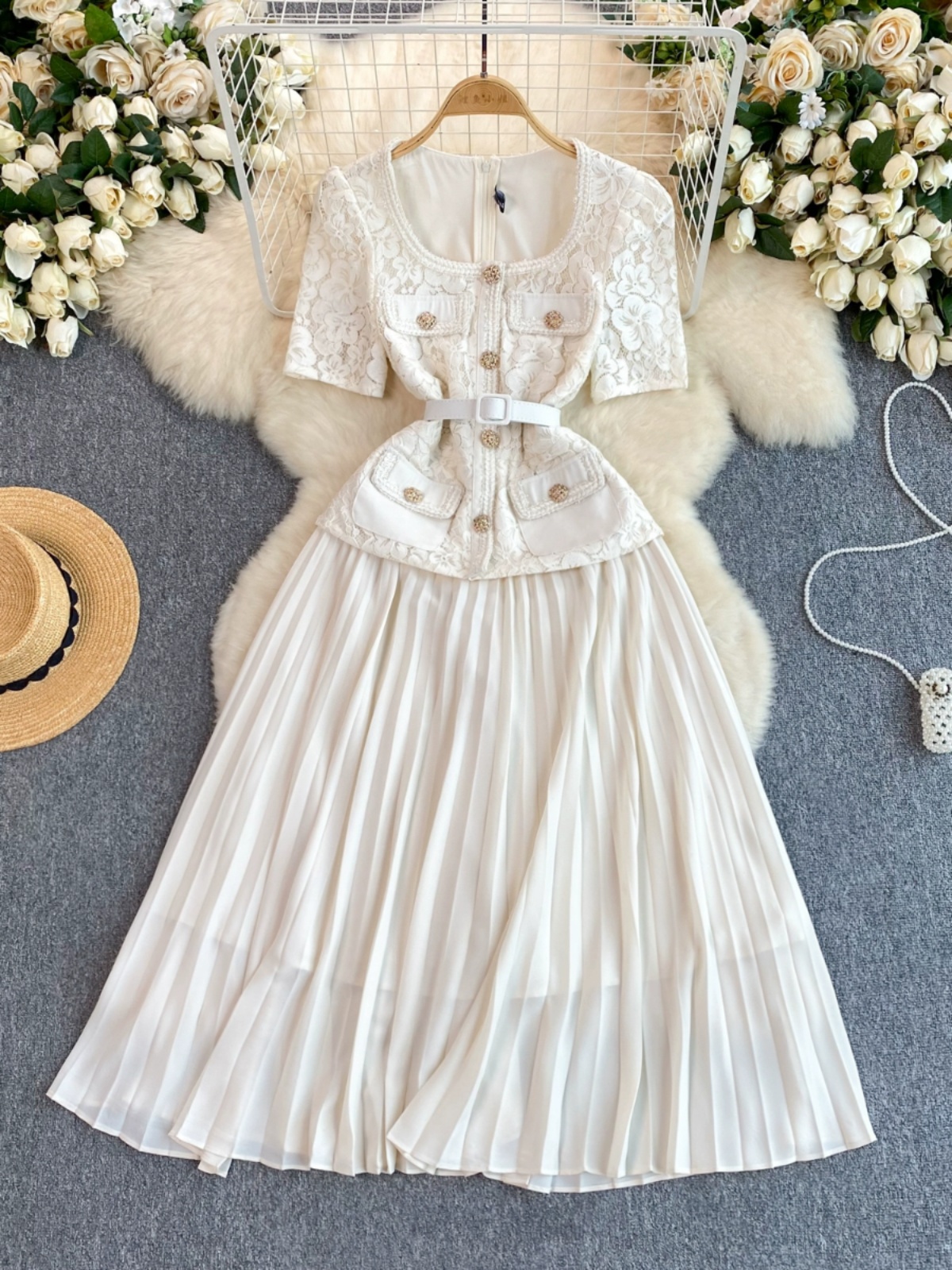 French style small fragrance dress for women, high-end and exquisite temperament, square collar lace patchwork pleated long skirt, socialite dress dress