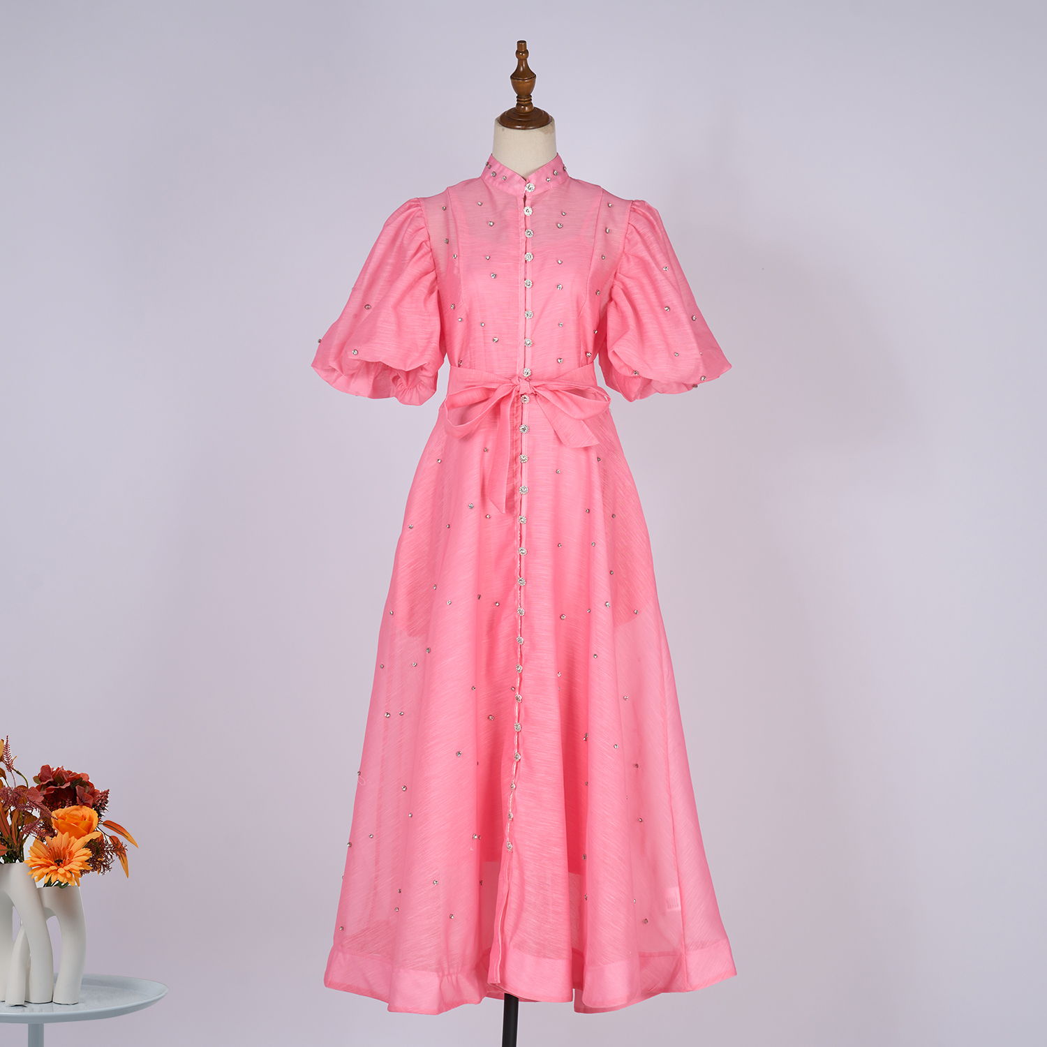 Real time spot court style fashion show 29 color design sense, heavy industry nail drill short sleeved single breasted jumpsuit long skirt+suspender