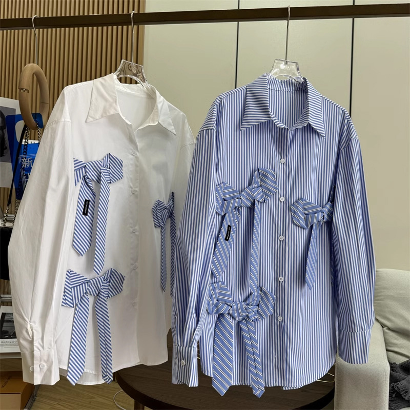 3D tie, bow tie, striped shirt, women's niche retro and lazy style, loose and versatile, sunscreen long sleeved shirt