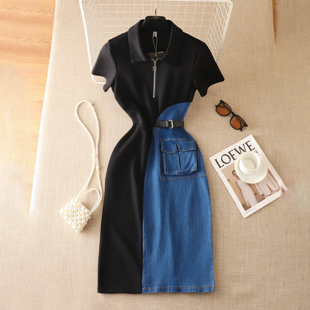 Chic Hong Kong style retro denim skirt with women's design sense, contrasting color splicing, slim fit, medium length, short sleeved temperament dress