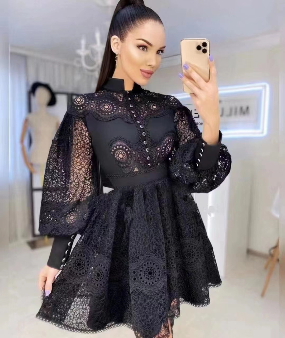 New spring outfit with French style luxury and elegant temperament, featuring a petite fragrance and lace dress. Women's ruffled princess dress