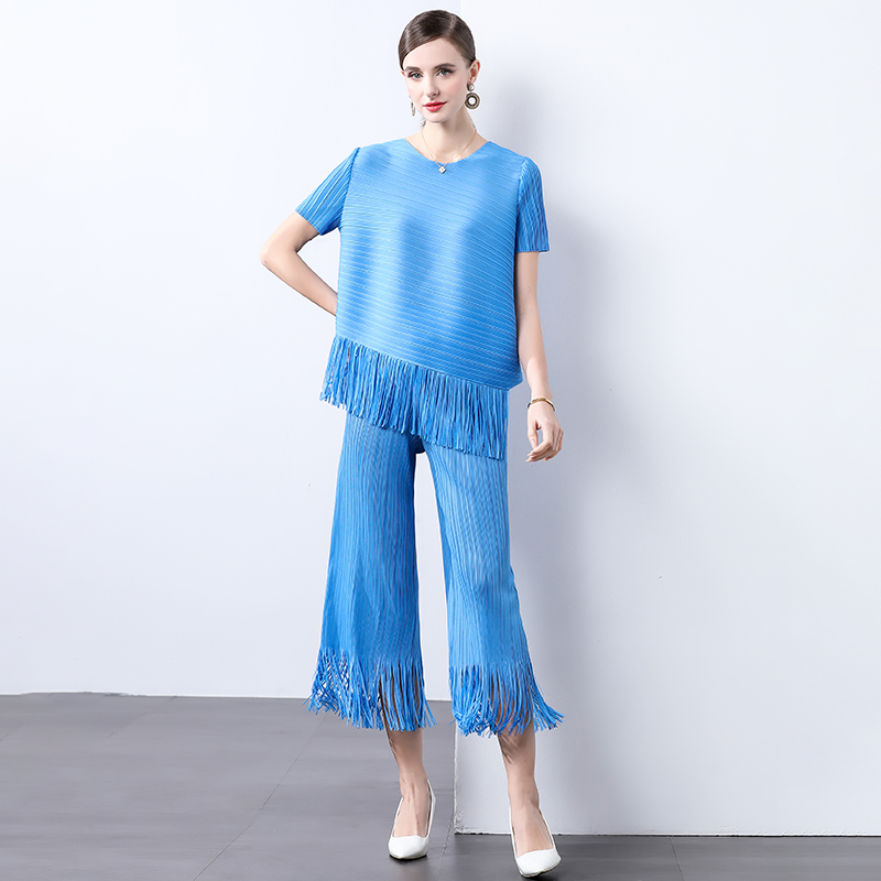 Miyake European and American style pleated fringe design, loose and irregular top, slimming and wide leg pants two-piece set for women